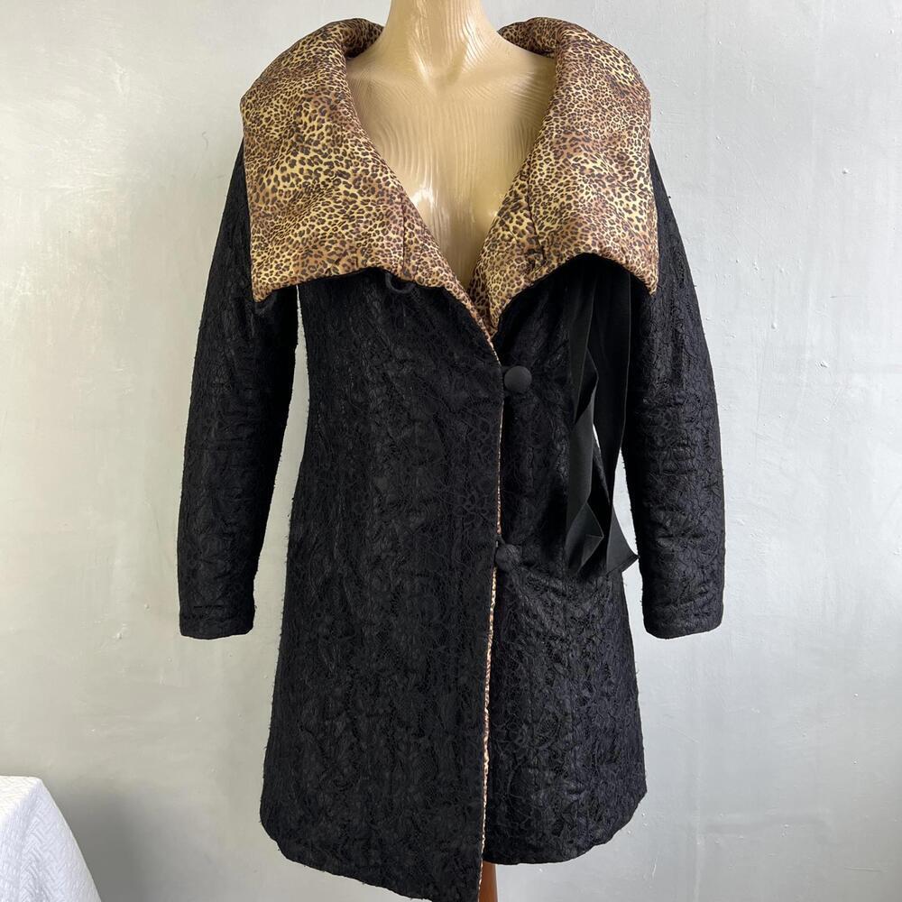 W Les Femmes by Babylon Women’s Black Lace Leopard Coat Hood Size 42 EU / M L